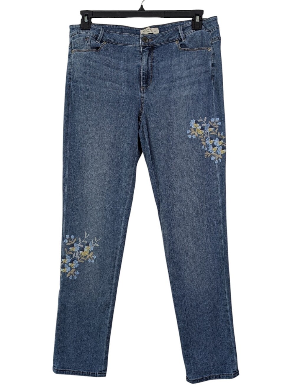 J. Jill Weekender Straight Leg Floral Embroidered Jeans Size 12 Stretch Denim